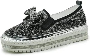 Women's Platform Casual Rhinestones Glitter Slip On Sneakers Cute Bowknot Shiny Handmade Non-Slip Comfort Dress Walking Flat Loafers