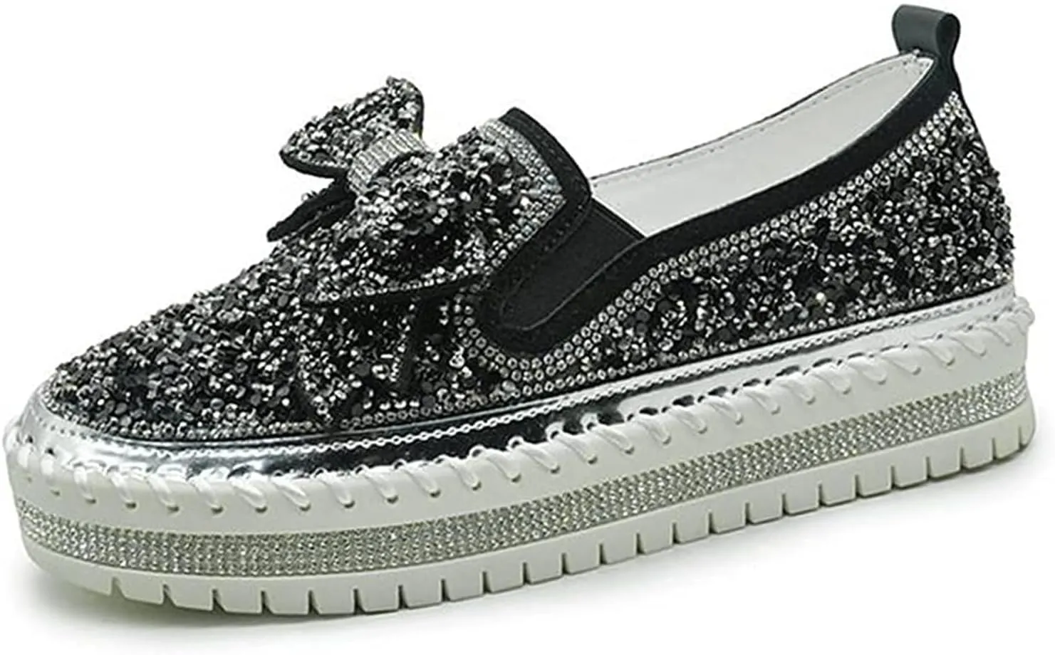 Women's Platform Casual Rhinestones Glitter Slip On Sneakers Cute Bowknot Shiny Handmade Non-Slip Comfort Dress Walking Flat Loafers