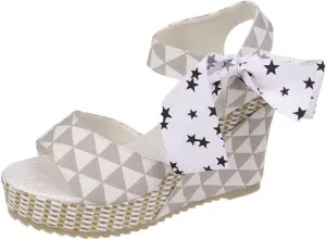 Womens Platform Espadrille Wedges Open Toe High Heel Floral Printed Slingback with Ankle Strap Bowknot Sandals Bow Dress Shoes Tie Lace Up Summer Sandal Wedding Dressy Beach Going Out Trendy Sandal