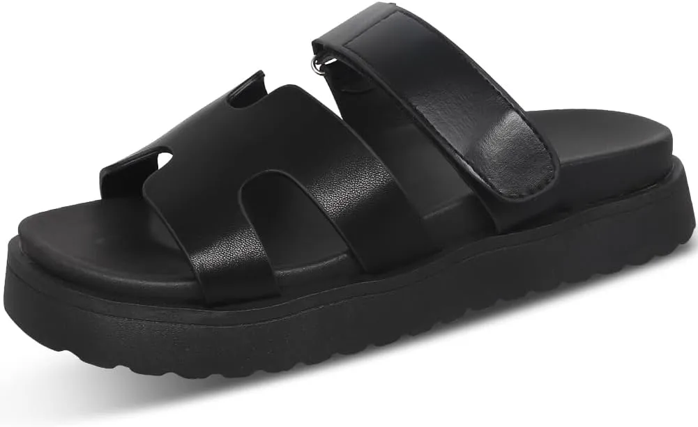Womens Platform Sandals H Band Sandals for Women Slip On Sandals Leather Sandals for Women Velcro Adjustable