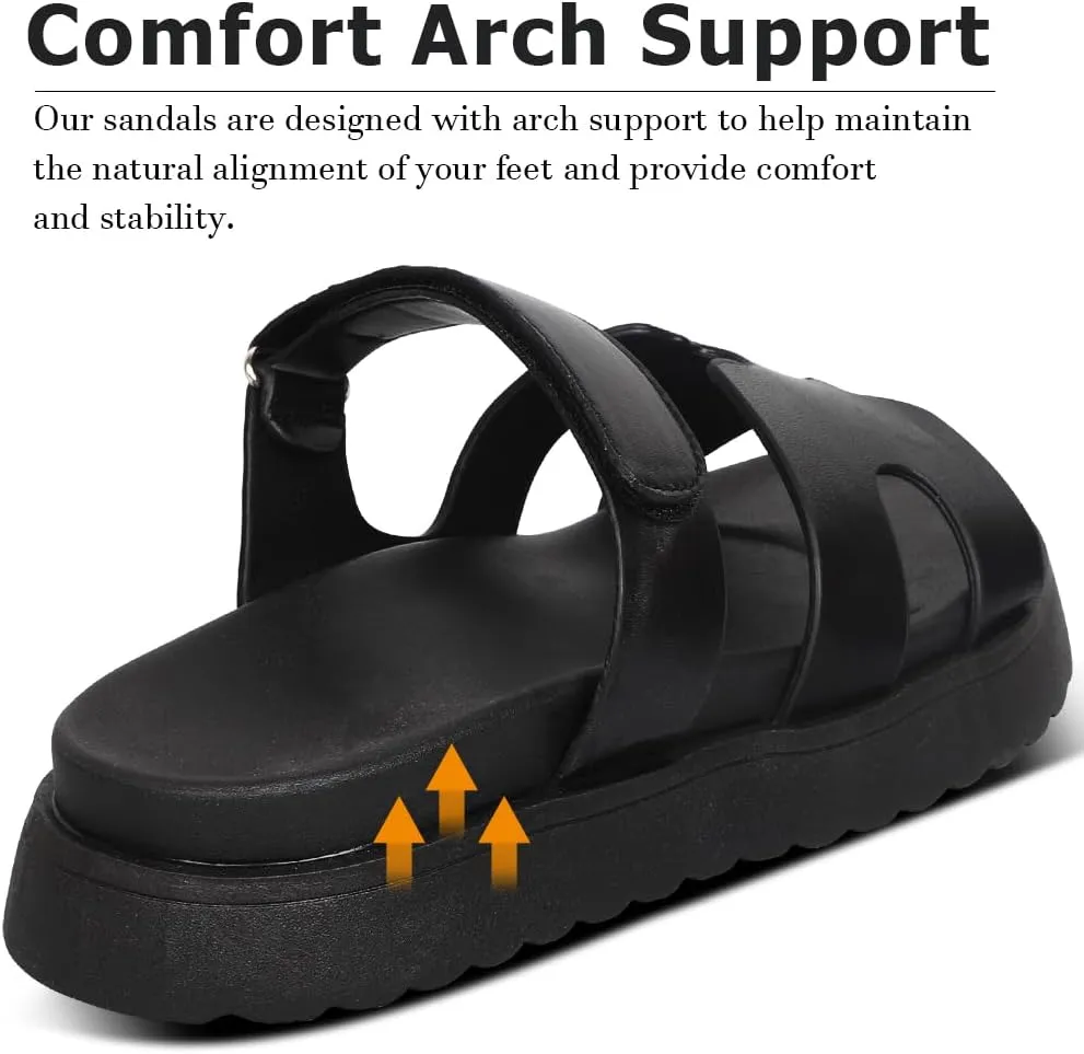 Womens Platform Sandals H Band Sandals for Women Slip On Sandals Leather Sandals for Women Velcro Adjustable