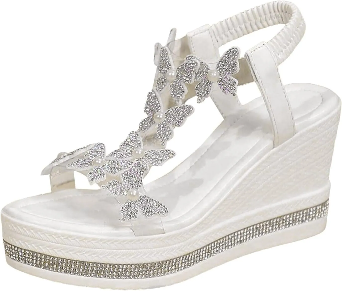 Womens Platform Wedge Sandals Slip On Open Toe Clear Butterfly Decor Elastic Ankle Strap High Heel Sandals Dressy Summer Beach Slides