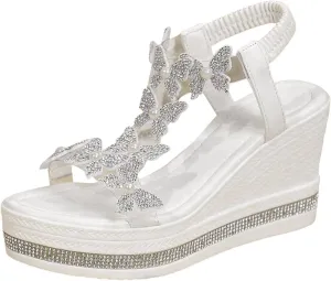 Womens Platform Wedge Sandals Slip On Open Toe Clear Butterfly Decor Elastic Ankle Strap High Heel Sandals Dressy Summer Beach Slides