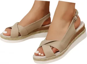 Women's Platform Wedges Sandals Open Toe Slingback Espadrilles Cute Slip-on High Heels with Adjustable Buckle Ankle Strap Summer Dressy Shoes Boho Casual Beach Comfortable Walking Sandals