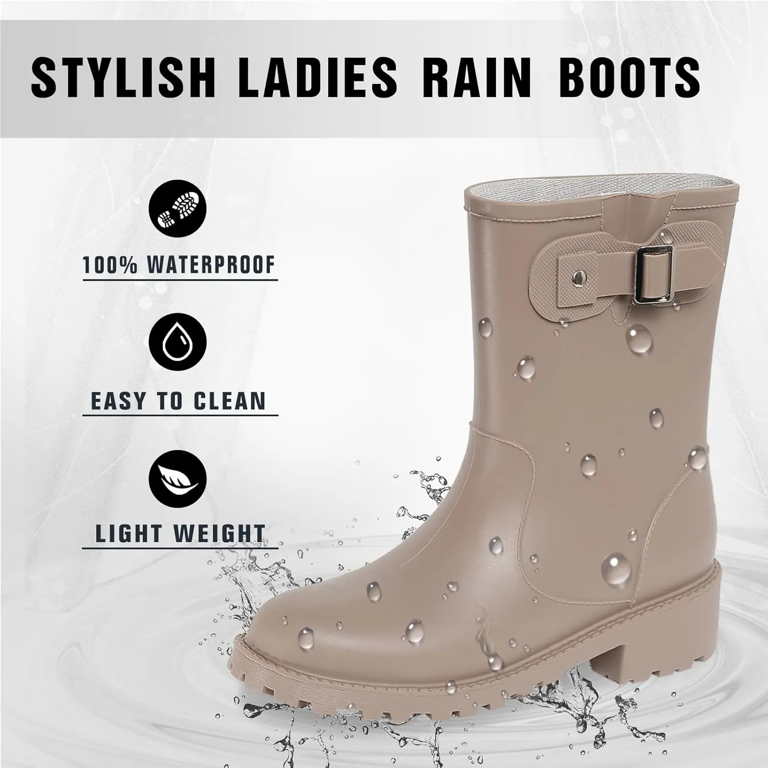 Women's Rain Boots Mid-Calf Waterproof, Comfort Rain Boots for Women Anti-slip Soft Outsole, Lightweight Rubber Chelsea Rain Boots for Garden, High-Heeled Rain Shoes for Outdoor