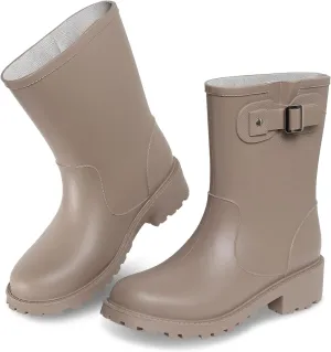 Women's Rain Boots Mid-Calf Waterproof, Comfort Rain Boots for Women Anti-slip Soft Outsole, Lightweight Rubber Chelsea Rain Boots for Garden, High-Heeled Rain Shoes for Outdoor