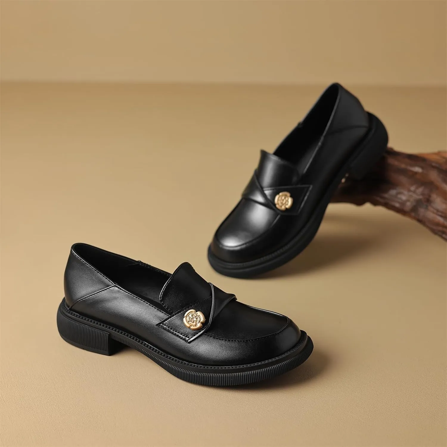 Women's Round Closed Loafers Pull-On Patent Or Matte Leather Metallic Flower Chunky Mid Heeled Dress Office Formal Student Work Casual Comfortable Fashion Business Daily Wear Shoes