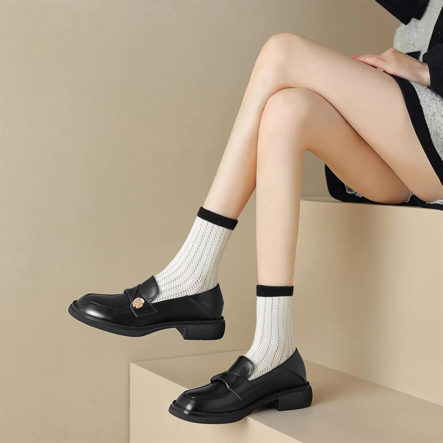 Women's Round Closed Loafers Pull-On Patent Or Matte Leather Metallic Flower Chunky Mid Heeled Dress Office Formal Student Work Casual Comfortable Fashion Business Daily Wear Shoes
