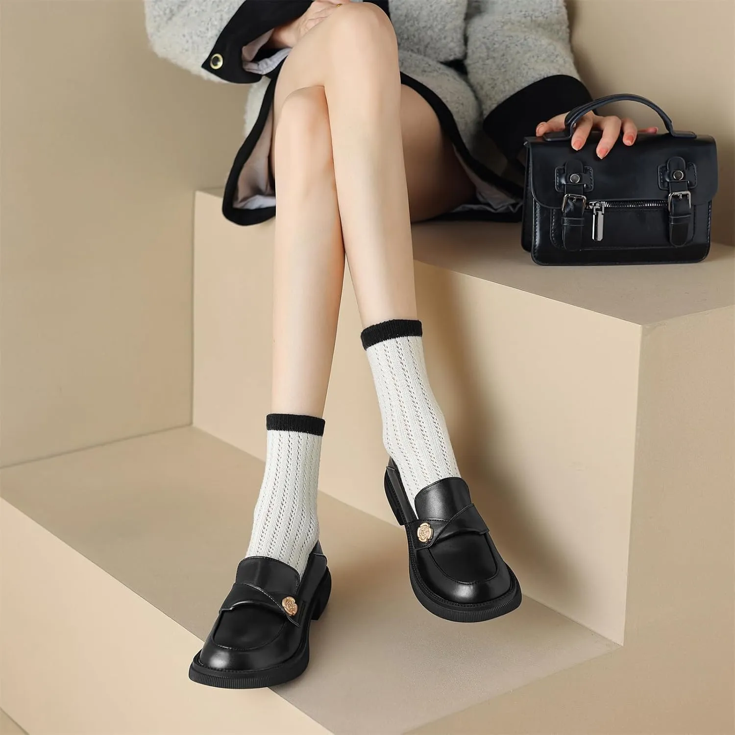 Women's Round Closed Loafers Pull-On Patent Or Matte Leather Metallic Flower Chunky Mid Heeled Dress Office Formal Student Work Casual Comfortable Fashion Business Daily Wear Shoes