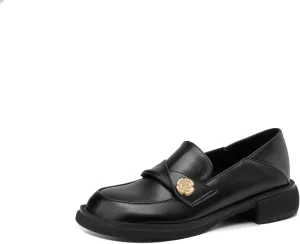 Women's Round Closed Loafers Pull-On Patent Or Matte Leather Metallic Flower Chunky Mid Heeled Dress Office Formal Student Work Casual Comfortable Fashion Business Daily Wear Shoes