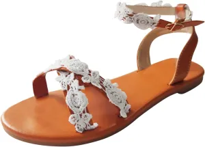 Womens Sandals Comfortable，Ankle Strap Flat Sandals Summer Dressy Strappy Lace Flowers White Beach Slides for Women
