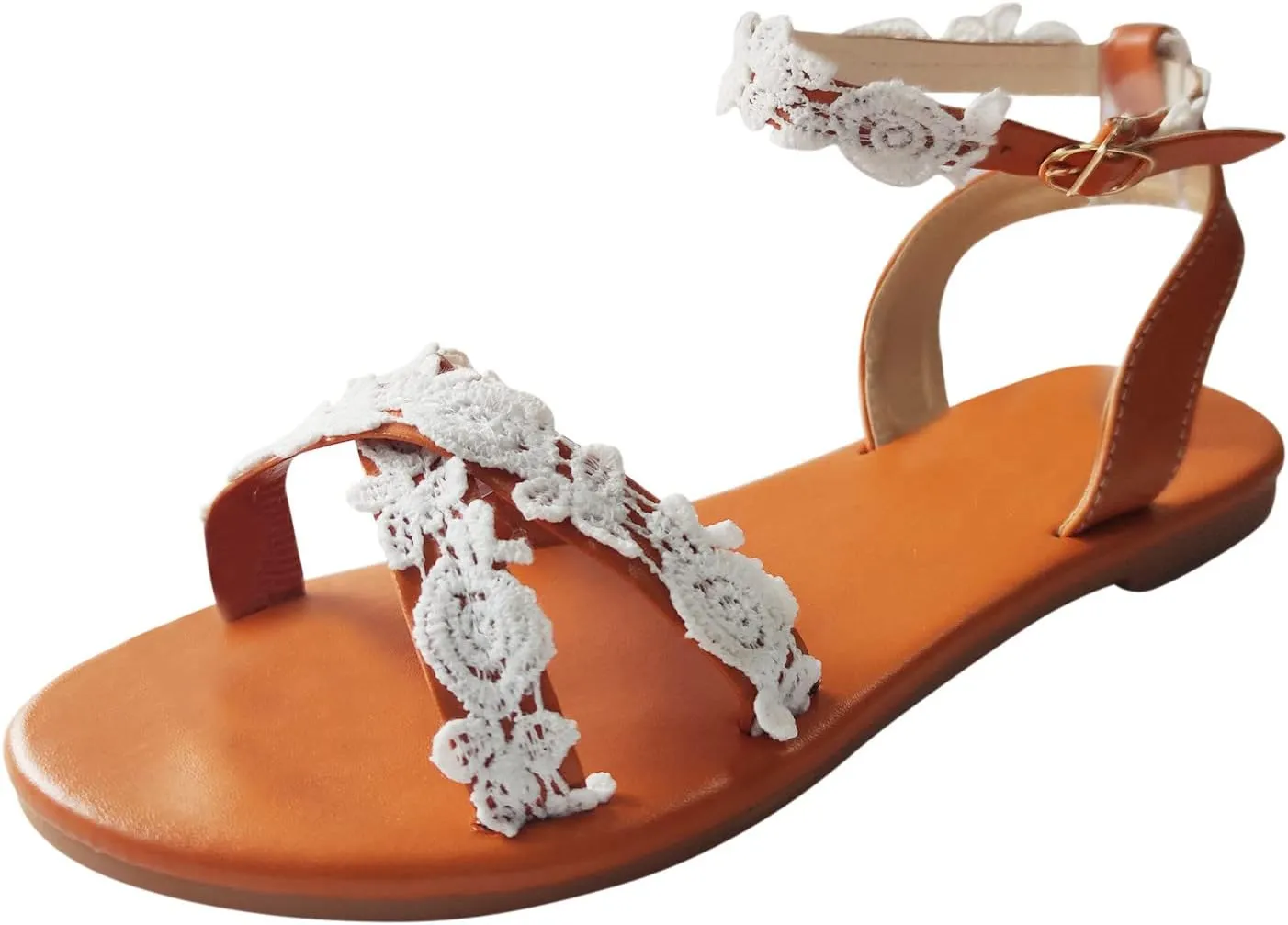 Womens Sandals Comfortable，Ankle Strap Flat Sandals Summer Dressy Strappy Lace Flowers White Beach Slides for Women