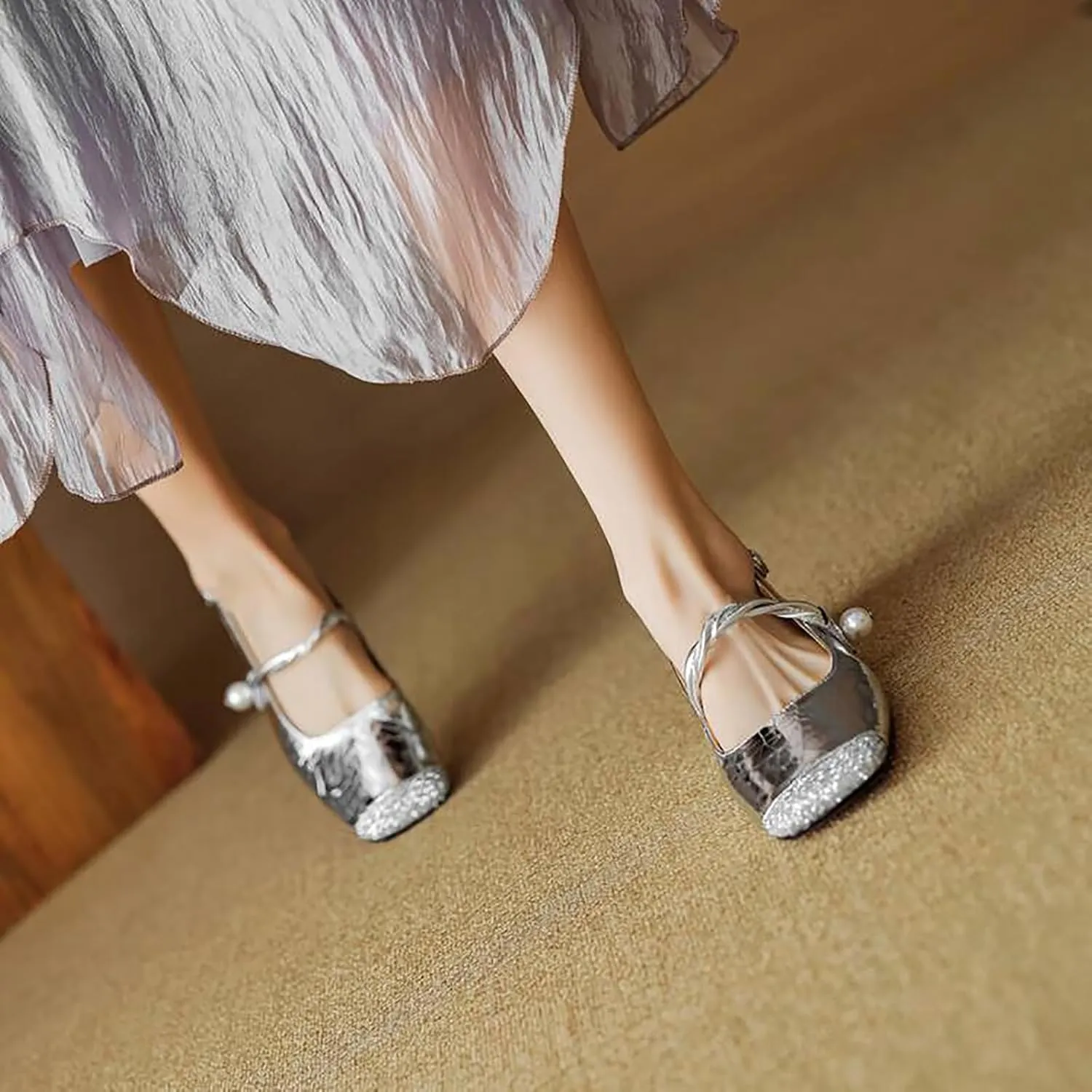 Women's Sequins Closed Square Toe Slingback Mary Jane Shoes,Fashion Adjustable Buckle Pearl Ballet Flats Comfortable Slip On Chunky Heel Party Dress Sandals