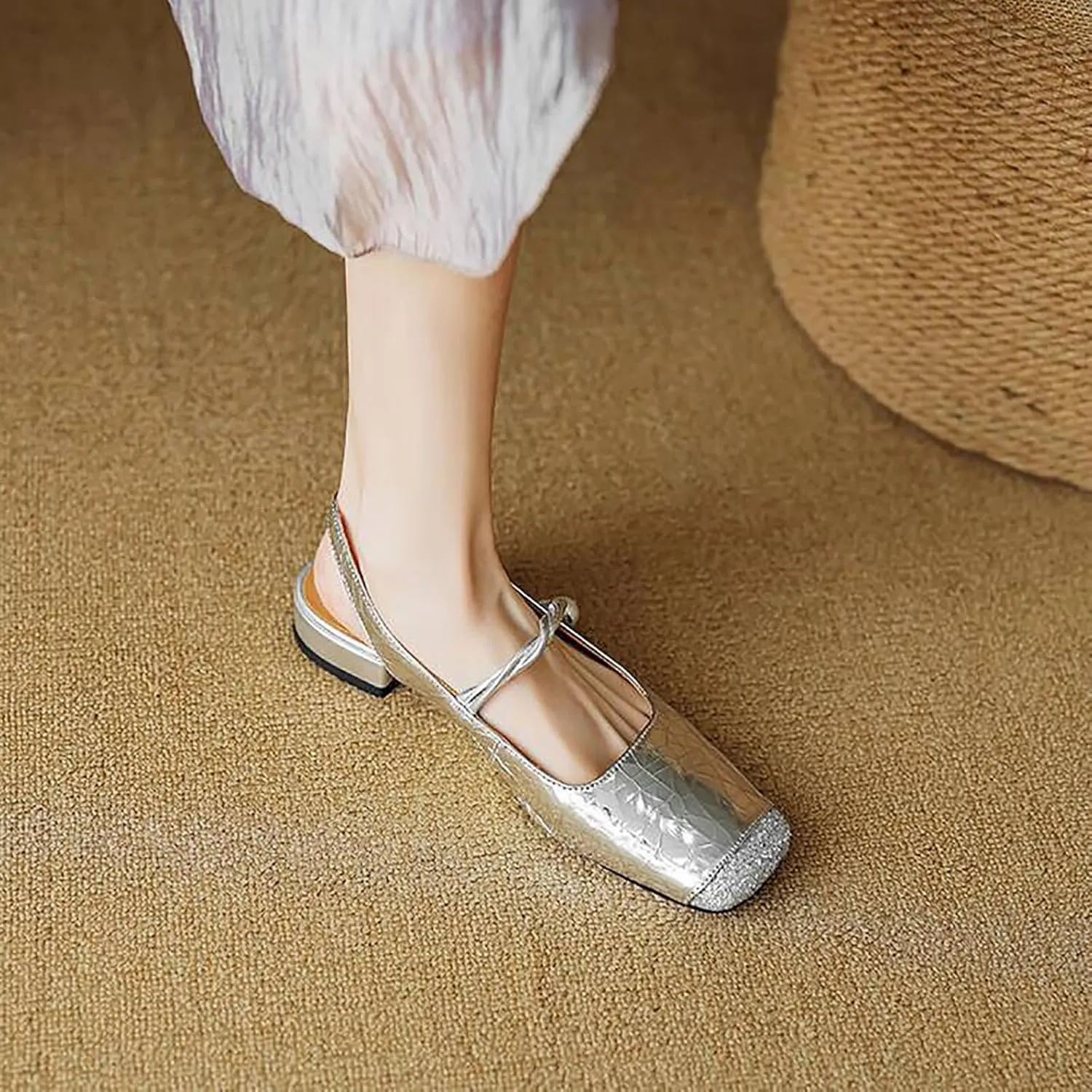Women's Sequins Closed Square Toe Slingback Mary Jane Shoes,Fashion Adjustable Buckle Pearl Ballet Flats Comfortable Slip On Chunky Heel Party Dress Sandals