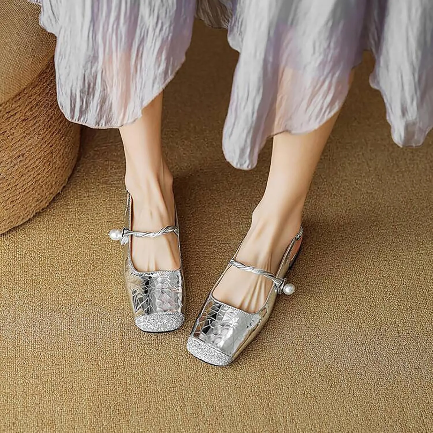 Women's Sequins Closed Square Toe Slingback Mary Jane Shoes,Fashion Adjustable Buckle Pearl Ballet Flats Comfortable Slip On Chunky Heel Party Dress Sandals