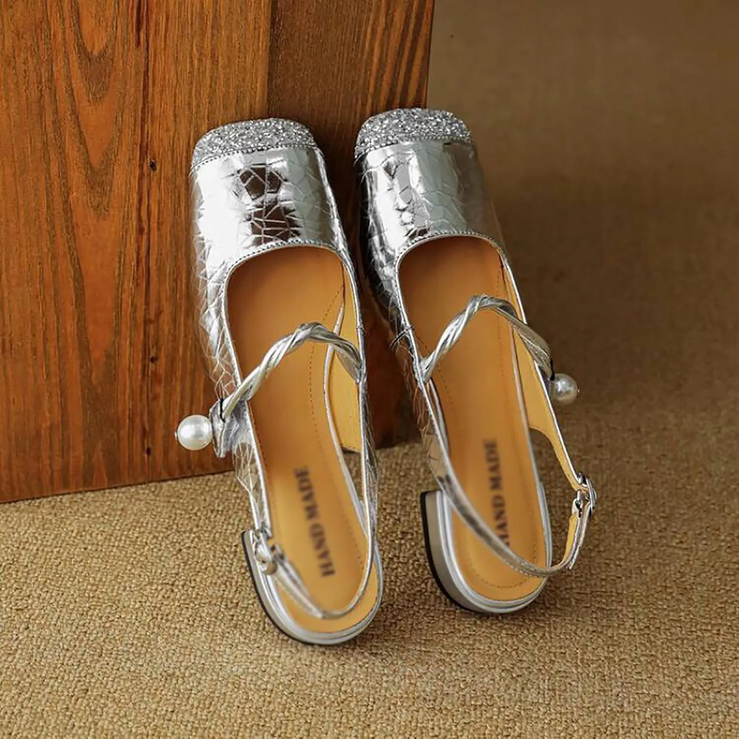 Women's Sequins Closed Square Toe Slingback Mary Jane Shoes,Fashion Adjustable Buckle Pearl Ballet Flats Comfortable Slip On Chunky Heel Party Dress Sandals