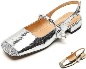 Women's Sequins Closed Square Toe Slingback Mary Jane Shoes,Fashion Adjustable Buckle Pearl Ballet Flats Comfortable Slip On Chunky Heel Party Dress Sandals