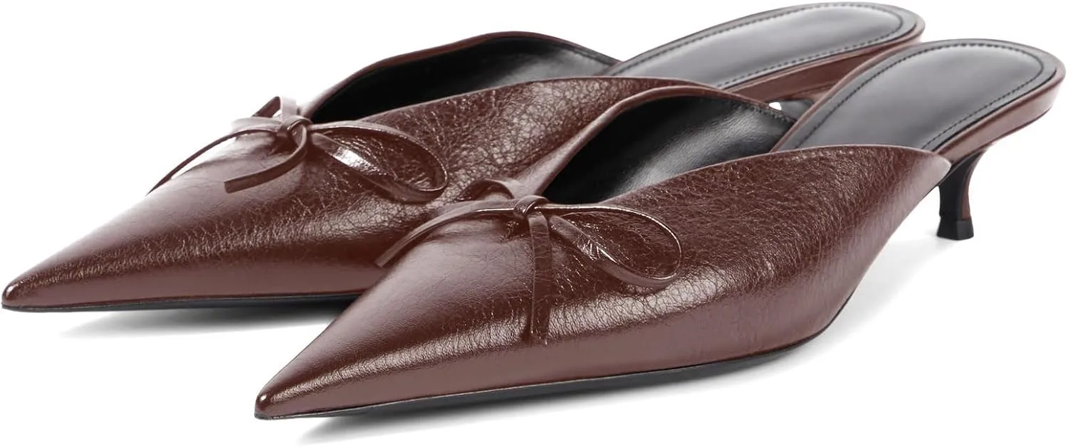 Women's Sexy Pointed Toe Mule Heels Cute Bows Slip On Kitten Heel Mules Comfort Low Heel Closed Toe Wedding Work Dressy Pumps for Women