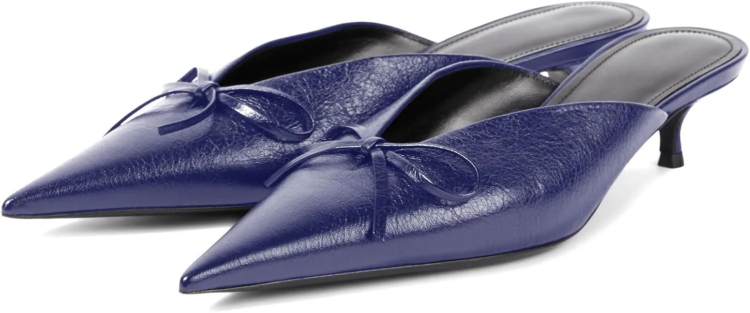 Women's Sexy Pointed Toe Mule Heels Cute Bows Slip On Kitten Heel Mules Comfort Low Heel Closed Toe Wedding Work Dressy Pumps for Women