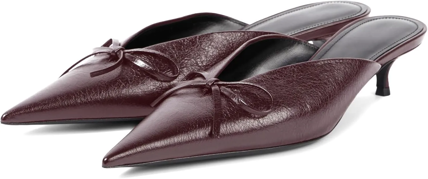 Women's Sexy Pointed Toe Mule Heels Cute Bows Slip On Kitten Heel Mules Comfort Low Heel Closed Toe Wedding Work Dressy Pumps for Women