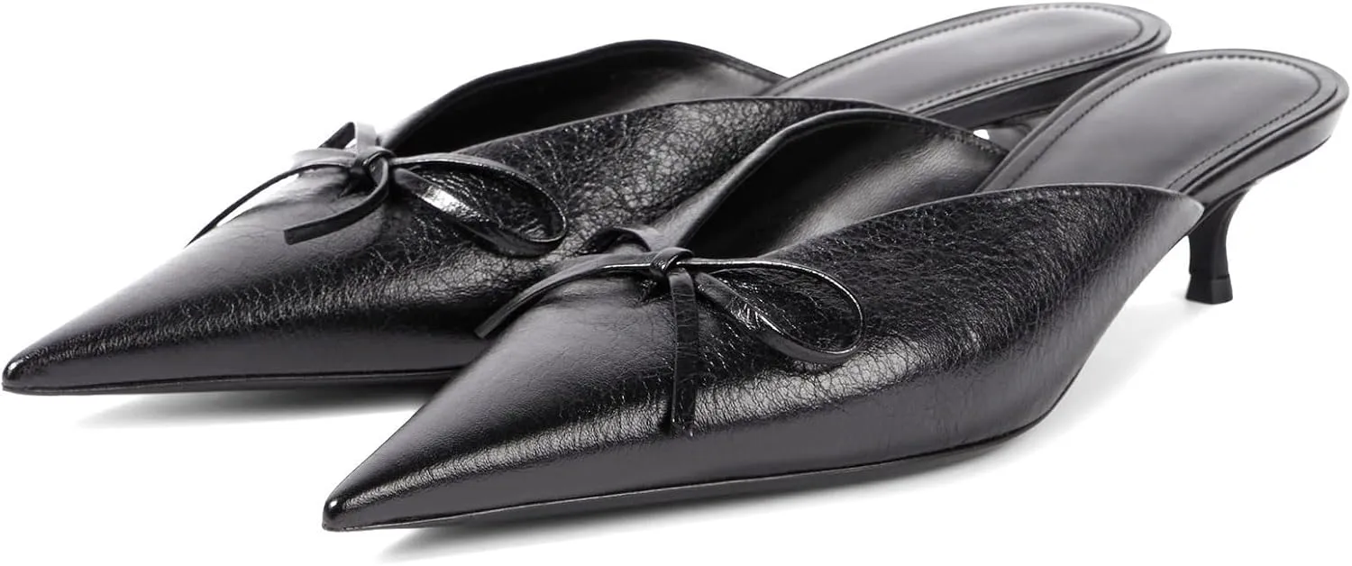 Women's Sexy Pointed Toe Mule Heels Cute Bows Slip On Kitten Heel Mules Comfort Low Heel Closed Toe Wedding Work Dressy Pumps for Women