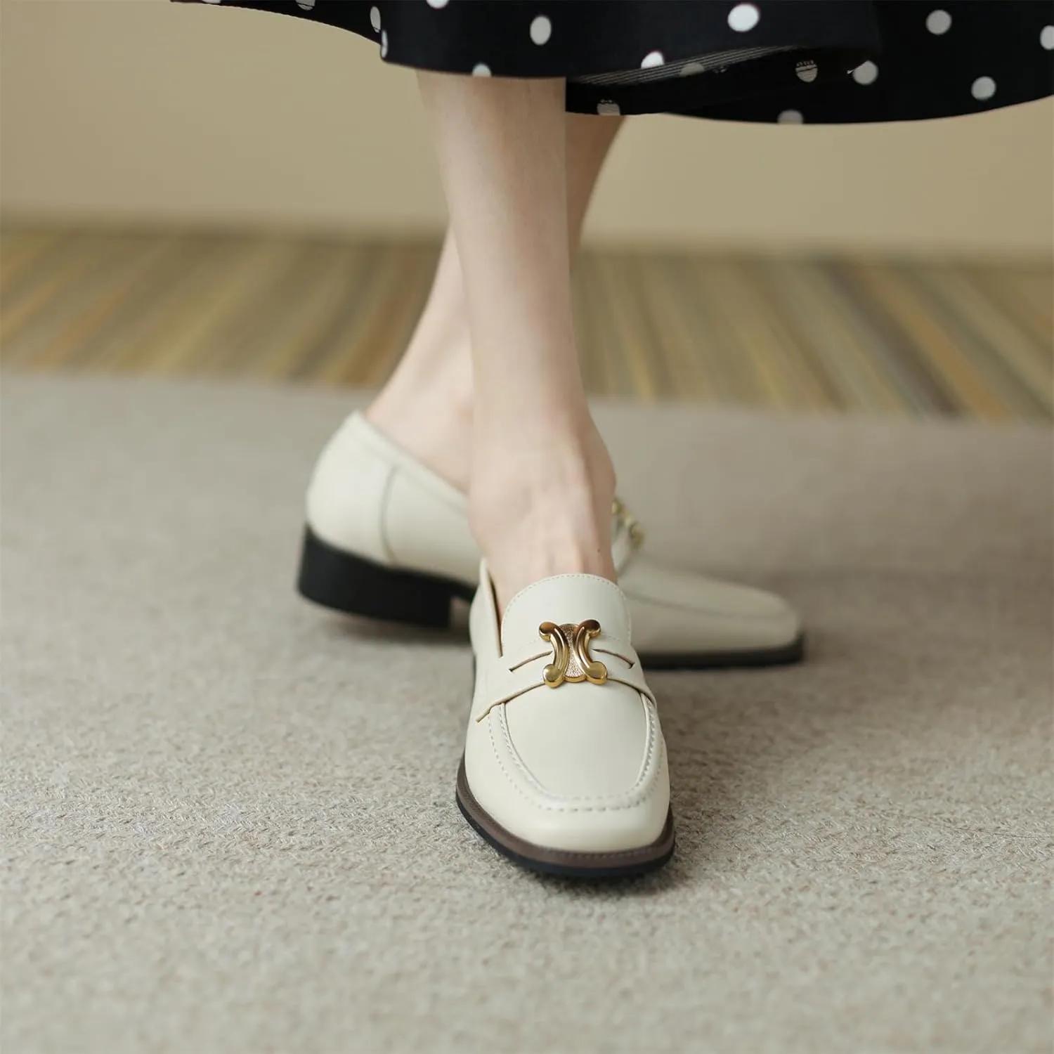 Women's Square Closed Toe Flats Loafers Pull-On Gold Metallic Comfortable Chunky Low Heel Office Cosplay Student Work Casual Comfortable Fashion Business Daily Wear Dress Shoes