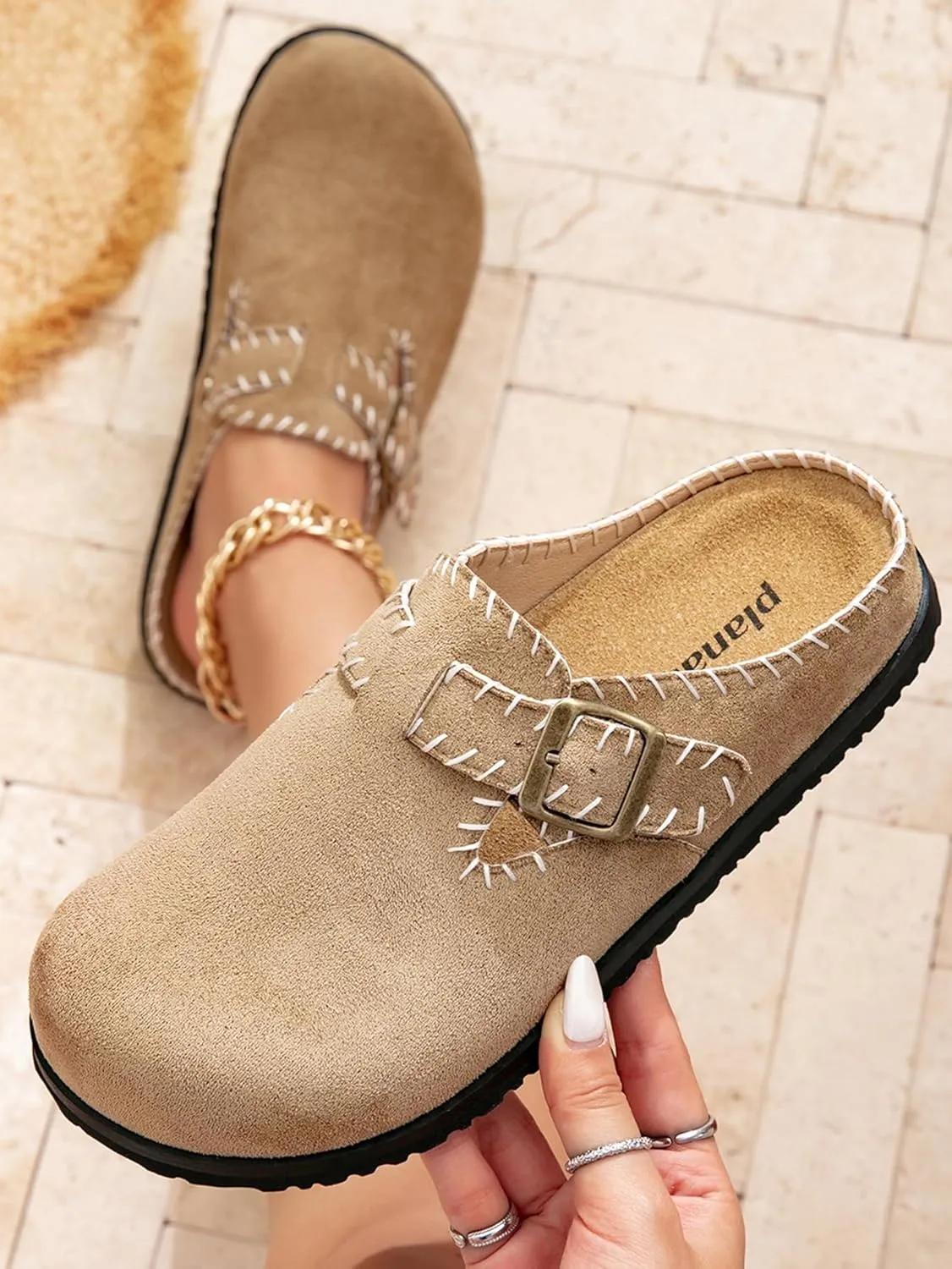 Women's Suede Buckle Clog Sandals Slippers Faxu Suede Slip-on Mules Contrast Stitching Adjustable Strap Comfortable Indoor Outdoor Casual Shoes for All Season