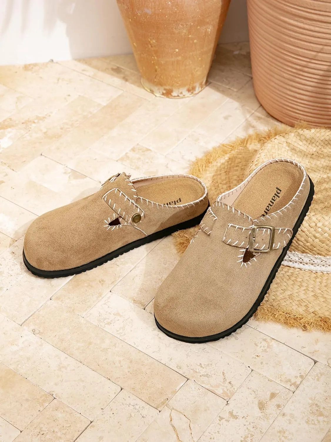 Women's Suede Buckle Clog Sandals Slippers Faxu Suede Slip-on Mules Contrast Stitching Adjustable Strap Comfortable Indoor Outdoor Casual Shoes for All Season