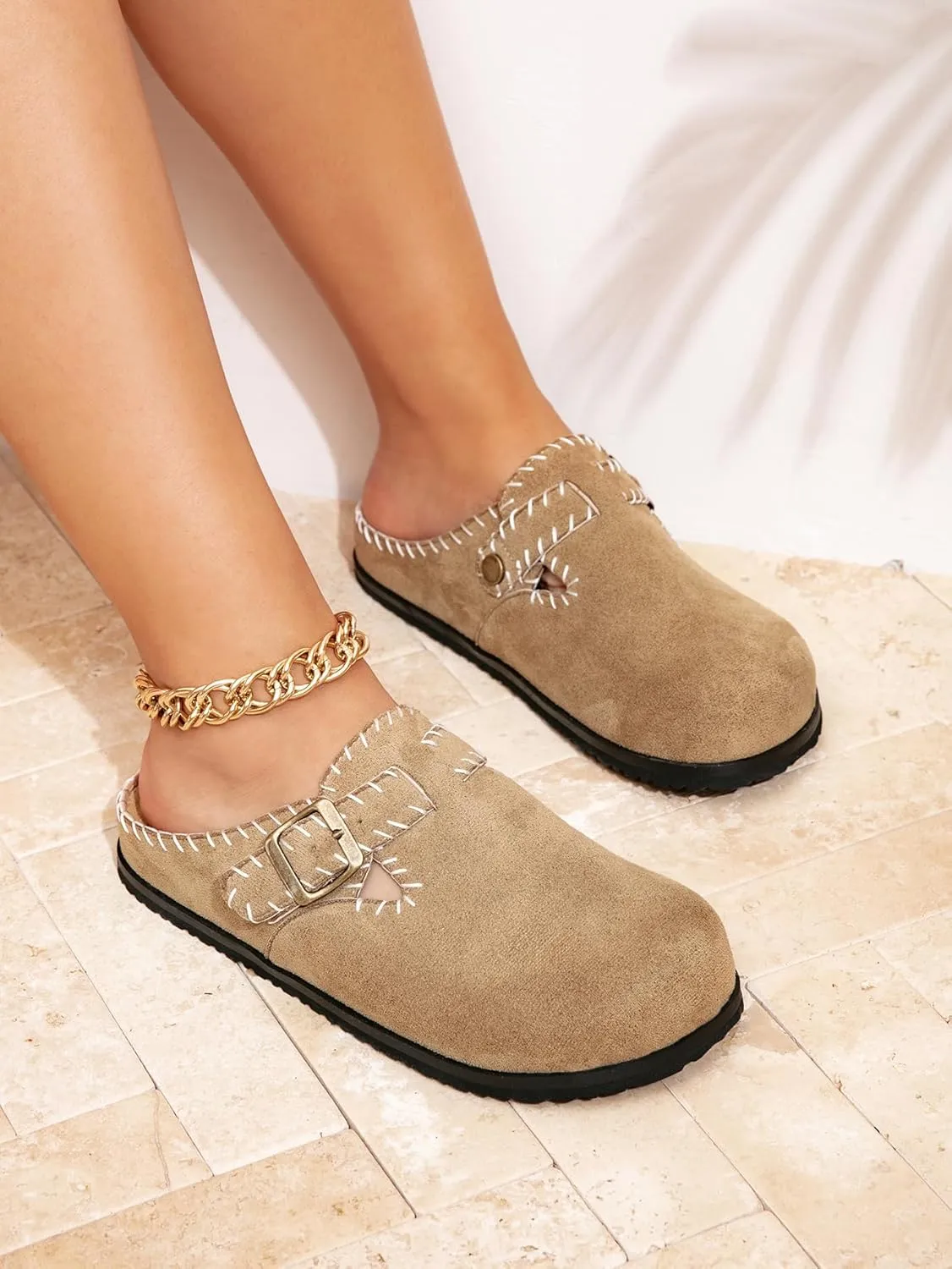 Women's Suede Buckle Clog Sandals Slippers Faxu Suede Slip-on Mules Contrast Stitching Adjustable Strap Comfortable Indoor Outdoor Casual Shoes for All Season
