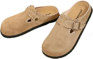 Women's Suede Buckle Clog Sandals Slippers Faxu Suede Slip-on Mules Contrast Stitching Adjustable Strap Comfortable Indoor Outdoor Casual Shoes for All Season