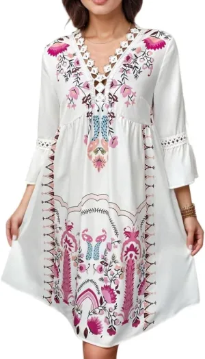 Women's Summer Floral Lace Patchwork Flare 3/4 Sleeve Mini Dress Casual Fit Boho V Neck Empire Waist Vacation Dresses