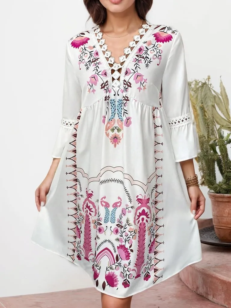 Women's Summer Floral Lace Patchwork Flare 3/4 Sleeve Mini Dress Casual Fit Boho V Neck Empire Waist Vacation Dresses