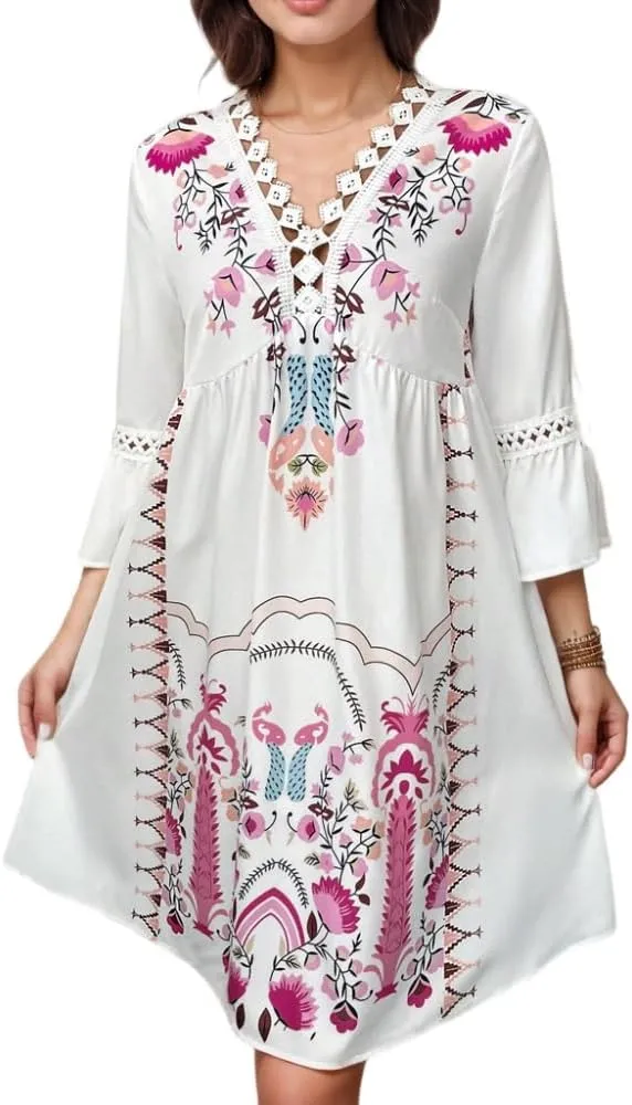 Women's Summer Floral Lace Patchwork Flare 3/4 Sleeve Mini Dress Casual Fit Boho V Neck Empire Waist Vacation Dresses