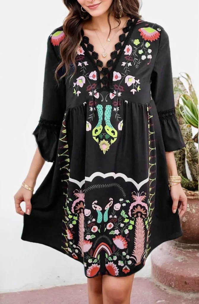 Women's Summer Floral Lace Patchwork Flare 3/4 Sleeve Mini Dress Casual Fit Boho V Neck Empire Waist Vacation Dresses