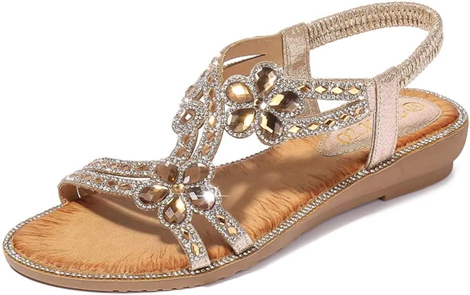 Women's T-Strap Beaded Flower Rhinestone Flat Sandals Dress Beach Shoes Elastic Ankle Memory Foam Sandals for Women