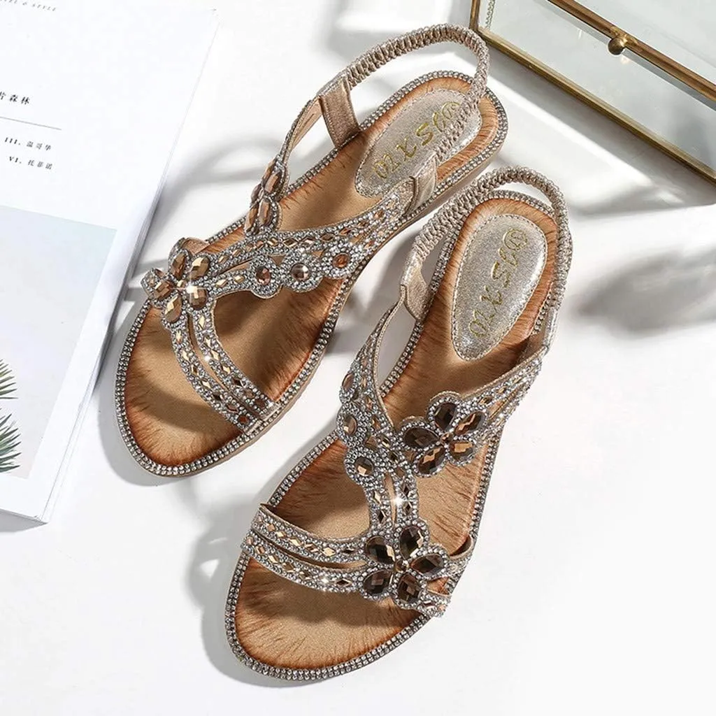 Women's T-Strap Beaded Flower Rhinestone Flat Sandals Dress Beach Shoes Elastic Ankle Memory Foam Sandals for Women