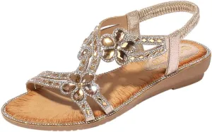 Women's T-Strap Beaded Flower Rhinestone Flat Sandals Dress Beach Shoes Elastic Ankle Memory Foam Sandals for Women