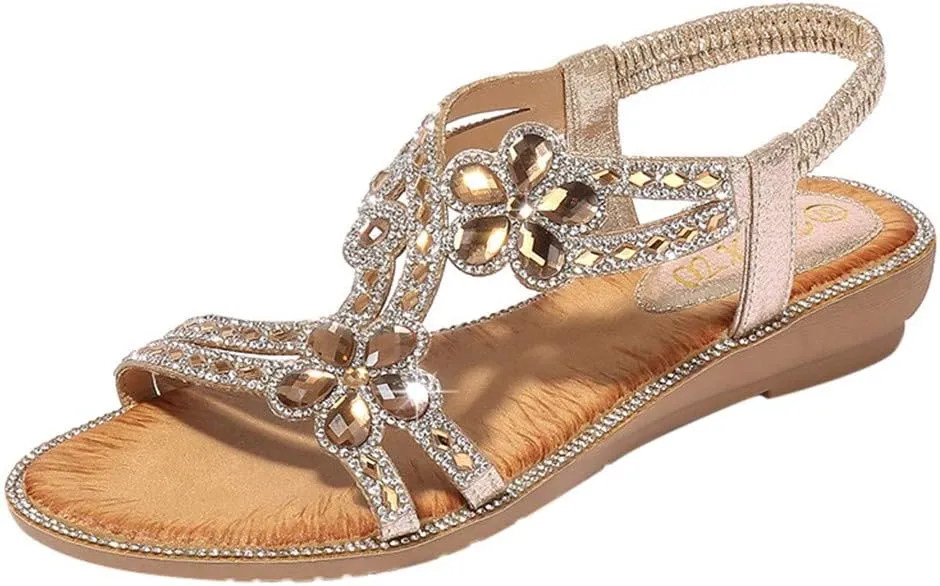 Women's T-Strap Beaded Flower Rhinestone Flat Sandals Dress Beach Shoes Elastic Ankle Memory Foam Sandals for Women