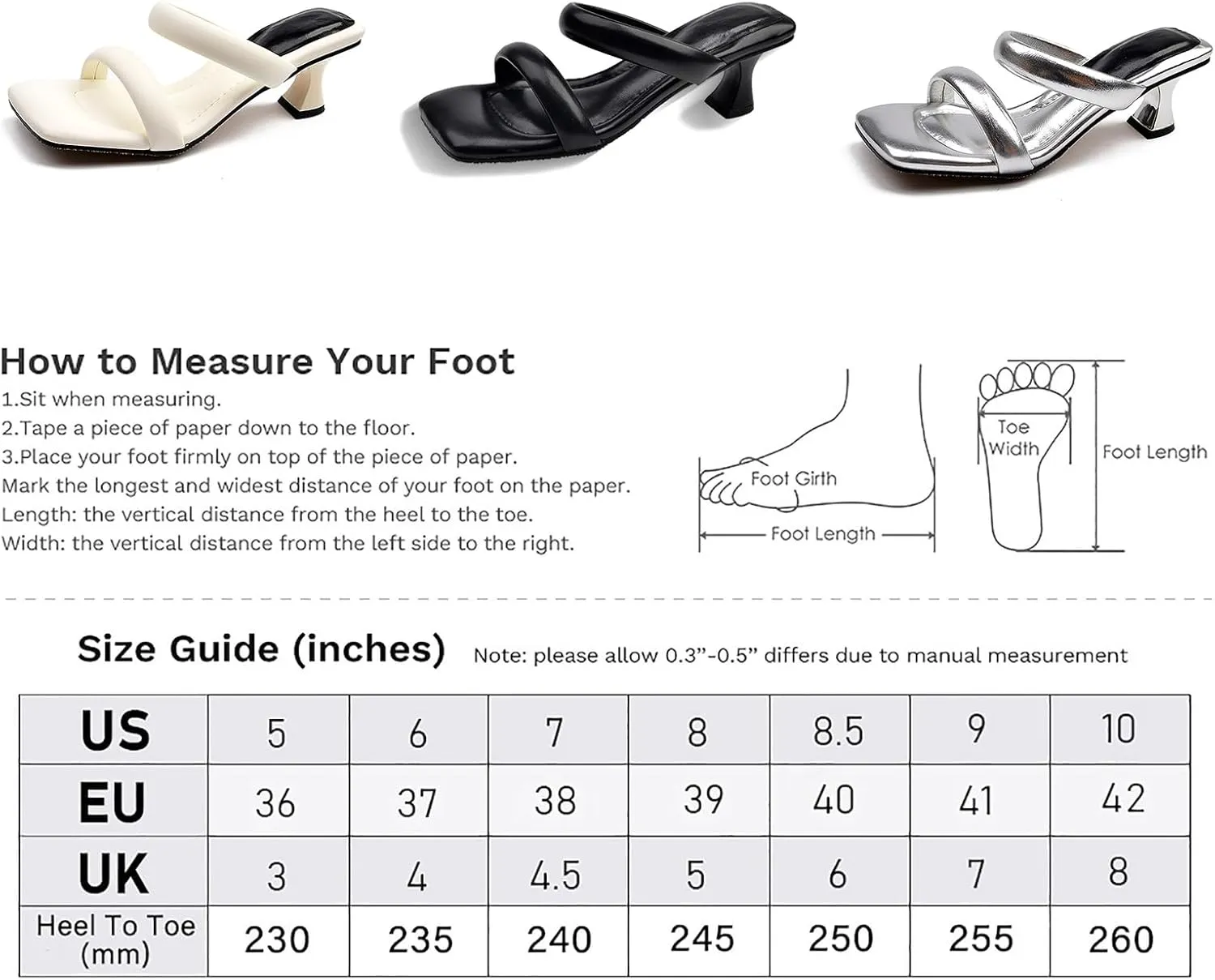 Women's Two-Strap Square Open Toe Mules Low Heels Sandals Slip-On Kitten Heel Slides for Party Wedding