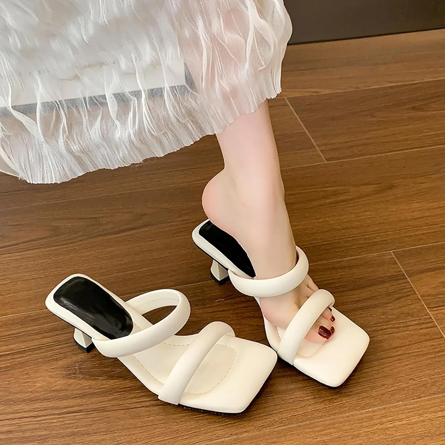 Women's Two-Strap Square Open Toe Mules Low Heels Sandals Slip-On Kitten Heel Slides for Party Wedding