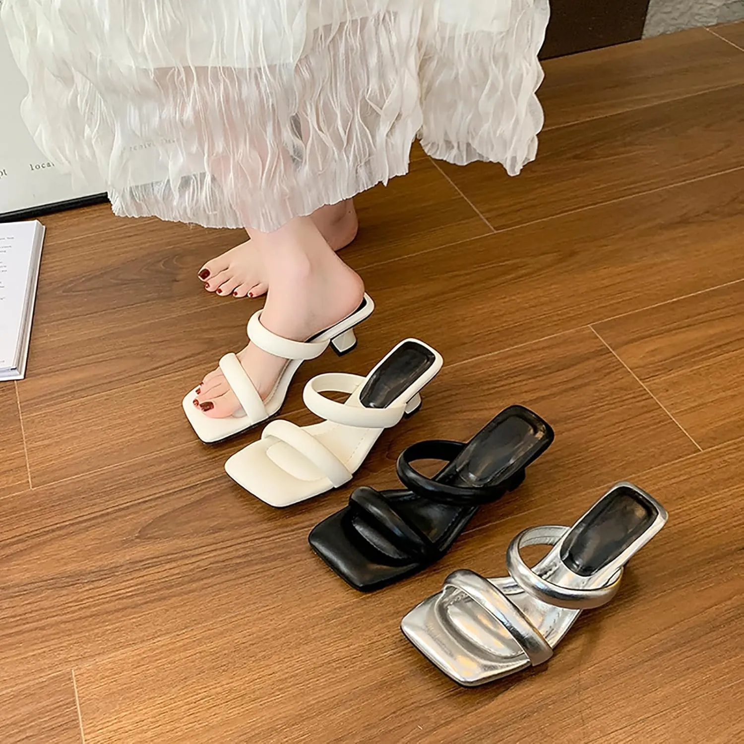Women's Two-Strap Square Open Toe Mules Low Heels Sandals Slip-On Kitten Heel Slides for Party Wedding