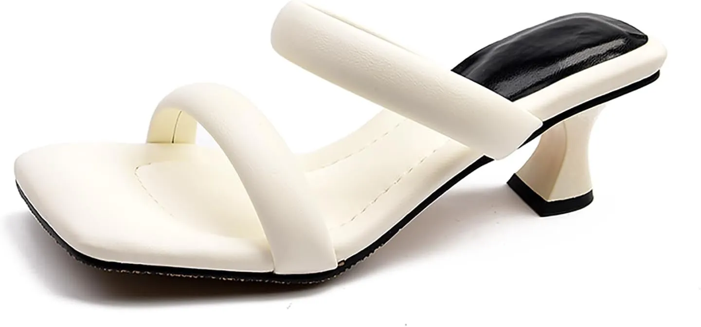 Women's Two-Strap Square Open Toe Mules Low Heels Sandals Slip-On Kitten Heel Slides for Party Wedding