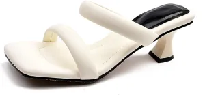 Women's Two-Strap Square Open Toe Mules Low Heels Sandals Slip-On Kitten Heel Slides for Party Wedding