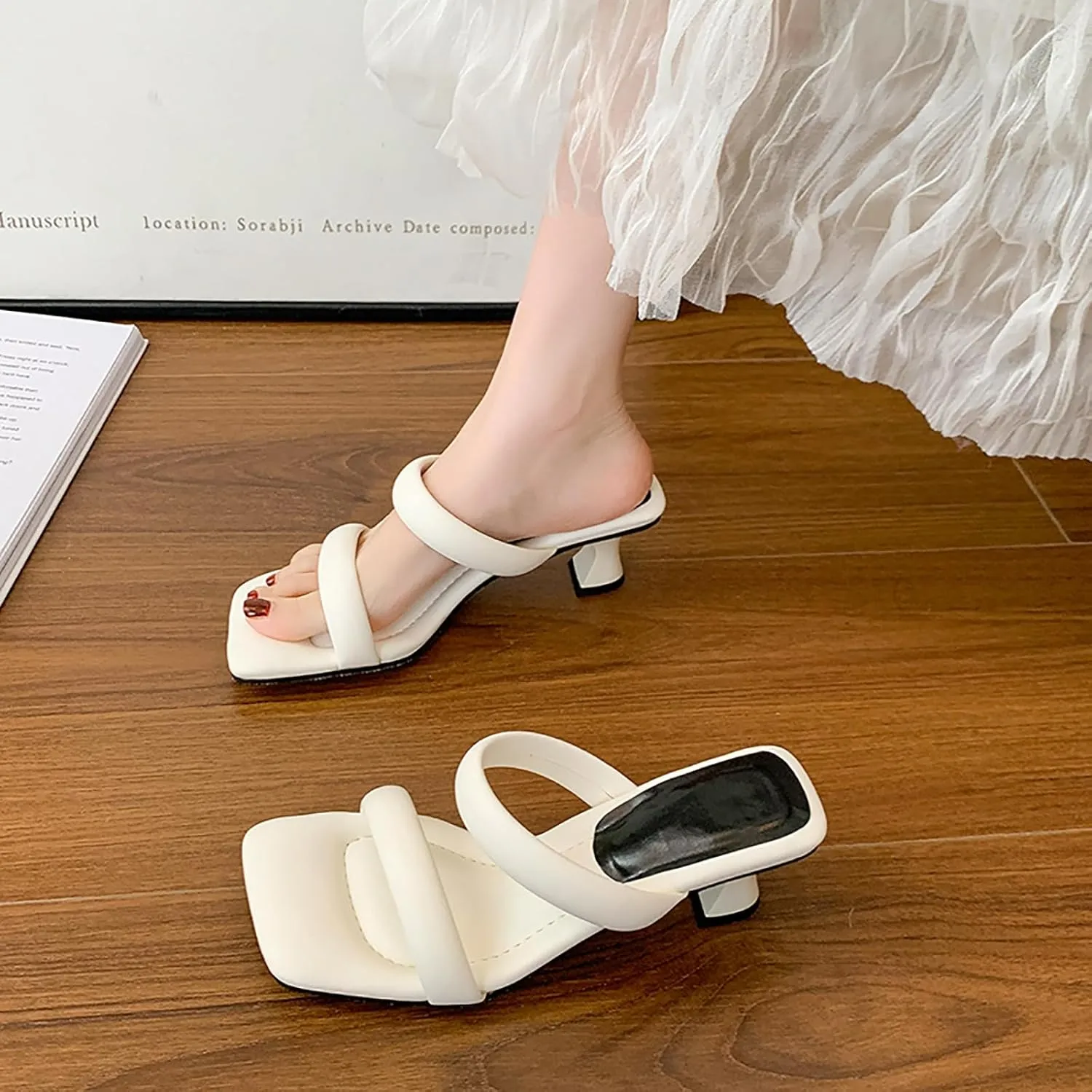 Women's Two-Strap Square Open Toe Mules Low Heels Sandals Slip-On Kitten Heel Slides for Party Wedding