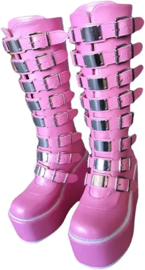 Womens Wedge Platform Knee High Boots Round Toe Zip Combat Goth Punk Motorcycle Booties Zip up With Metal Buckles