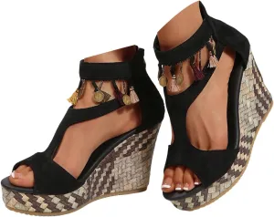 Women's Wedge Sandals Fashion Dressy Beaded T-Strap Platform Sandals Espadrilles High Heels for Women 2025 Casual Comfortable Open Toe Summer Shoes with Back Zipper Boho Beach Sandals