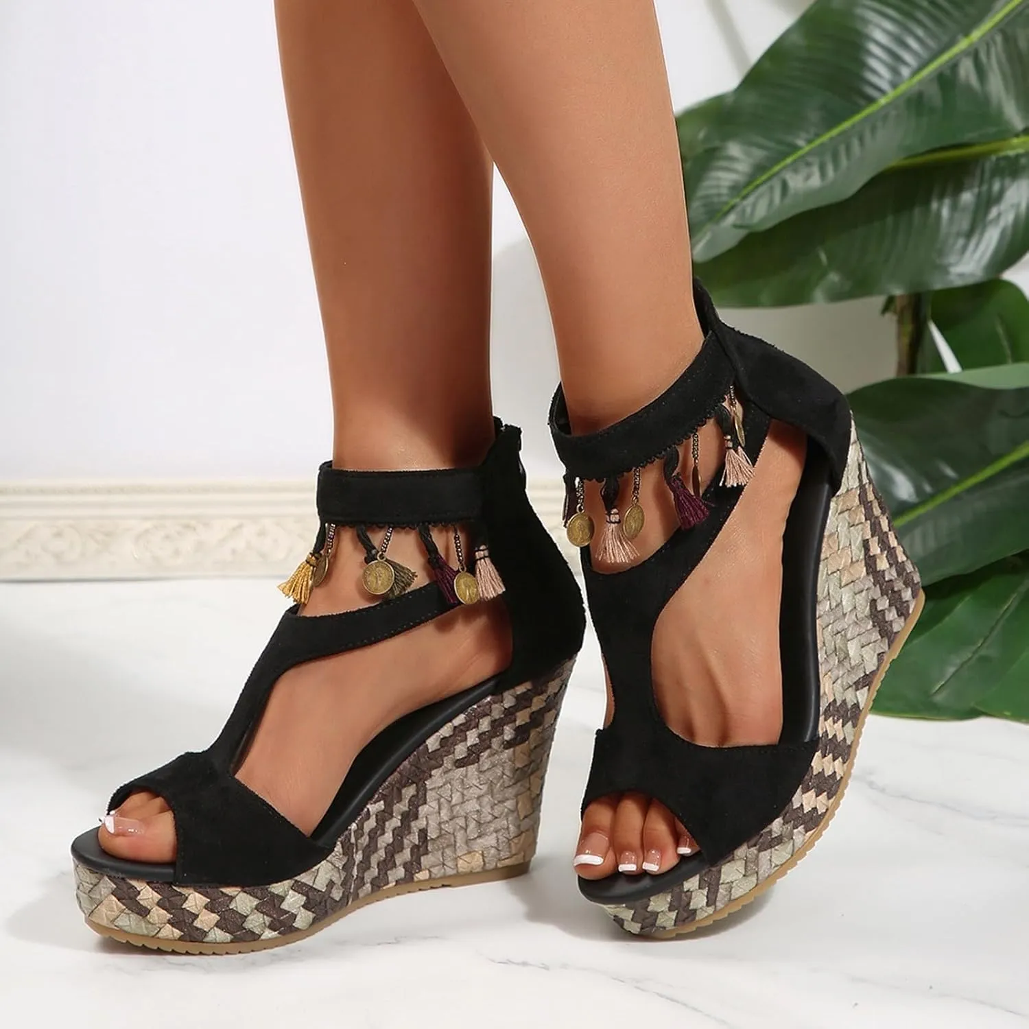 Women's Wedge Sandals Fashion Dressy Beaded T-Strap Platform Sandals Espadrilles High Heels for Women 2025 Casual Comfortable Open Toe Summer Shoes with Back Zipper Boho Beach Sandals