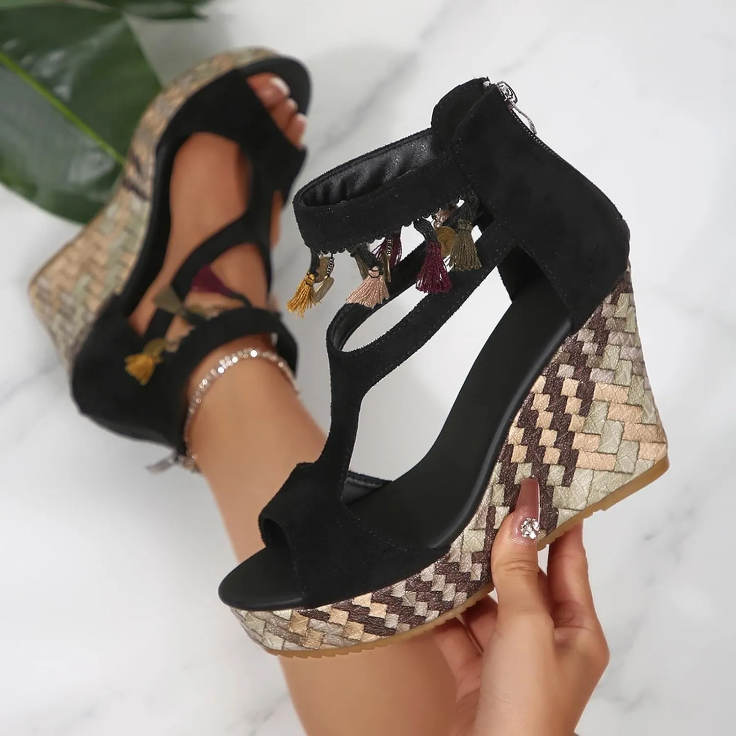 Women's Wedge Sandals Fashion Dressy Beaded T-Strap Platform Sandals Espadrilles High Heels for Women 2025 Casual Comfortable Open Toe Summer Shoes with Back Zipper Boho Beach Sandals