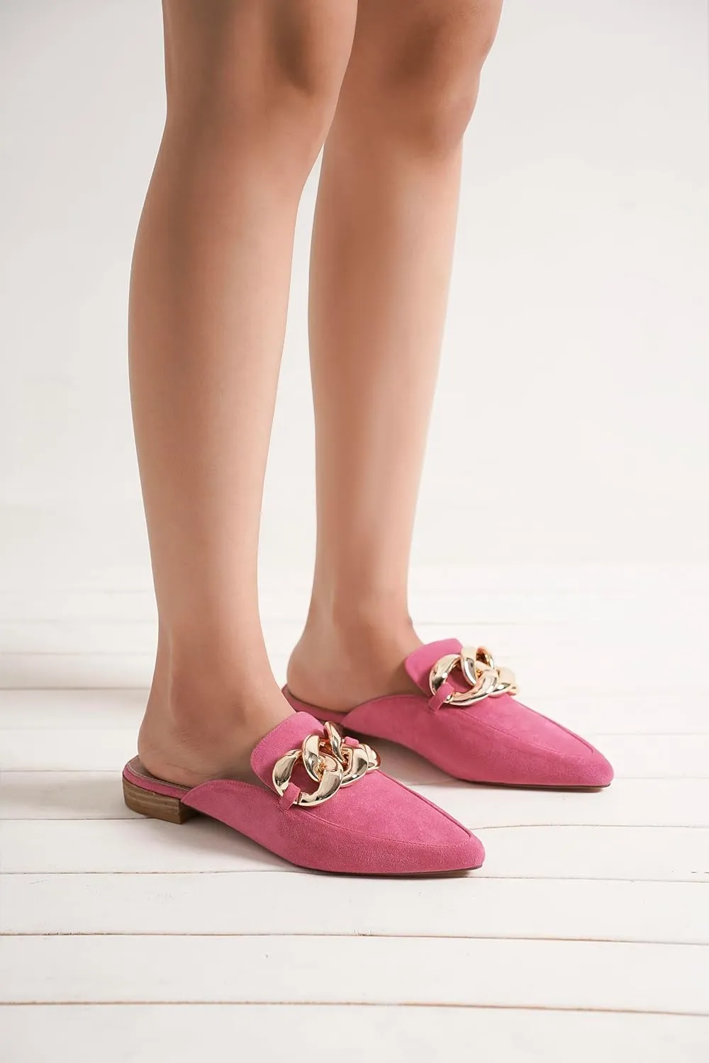 Women's White Buckle Mules: Pointed Toe, Flat Heel, Slip On, Casual Mule Shoes