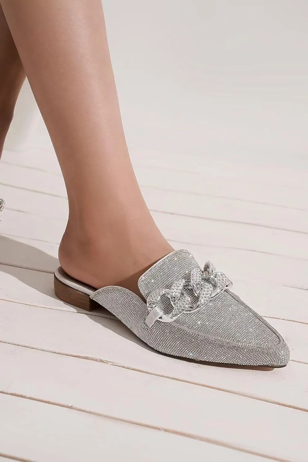 Women's White Buckle Mules: Pointed Toe, Flat Heel, Slip On, Casual Mule Shoes